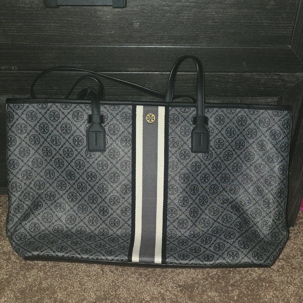 Tory Burch  T Monogram Black and Gray Patterned Tote